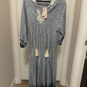 Elegant Blue Patterned Midi Dress with Tassels